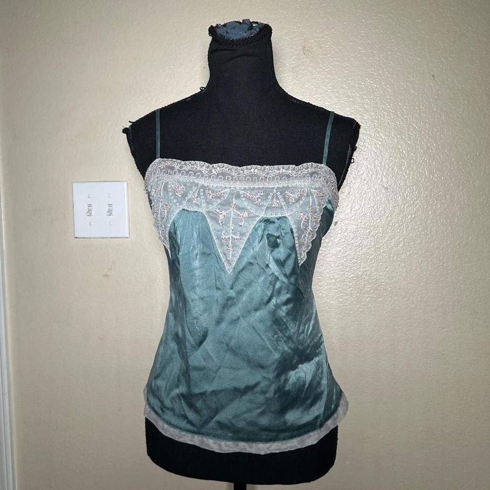 Moda International Y2K Blue Silk Sequin Lace Cami Tank Top Large Teal Aqua